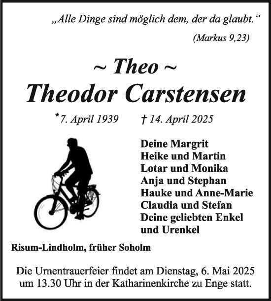 Traueranzeige von Theodor Carstensen von Husumer Nachrichten, Nordfriesland Tageblatt