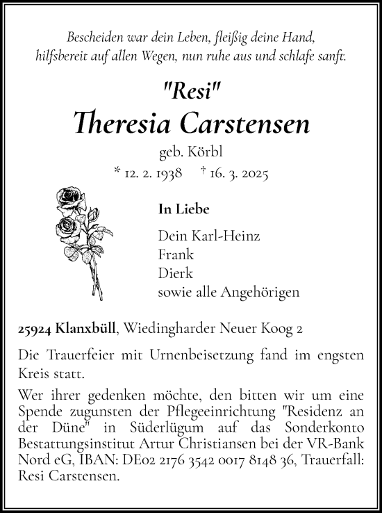 Traueranzeige von Theresia Carstensen von Region Westküste