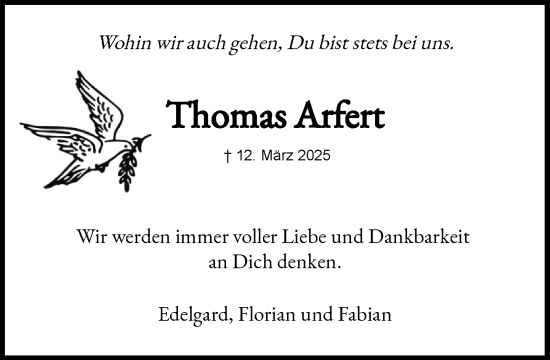 Traueranzeige von Thomas Arfert von Heimatspiegel