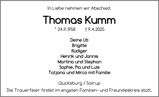 Traueranzeige von Thomas Kumm von Flensburger Tageblatt