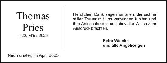 Traueranzeige von Thomas Pries von Holsteinischer Courier