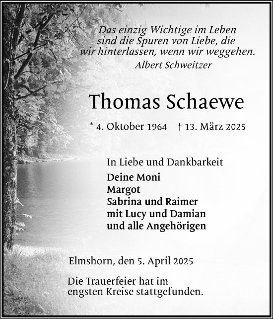Traueranzeige von Thomas Schaewe von Elmshorner Nachrichten, Barmstedter Zeitung
