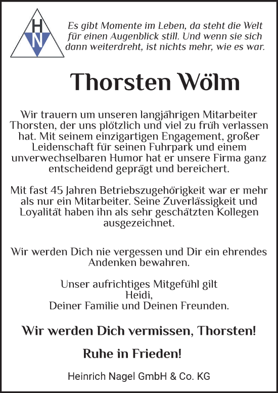 Traueranzeige von Thorsten Wölm von Holsteinischer Courier