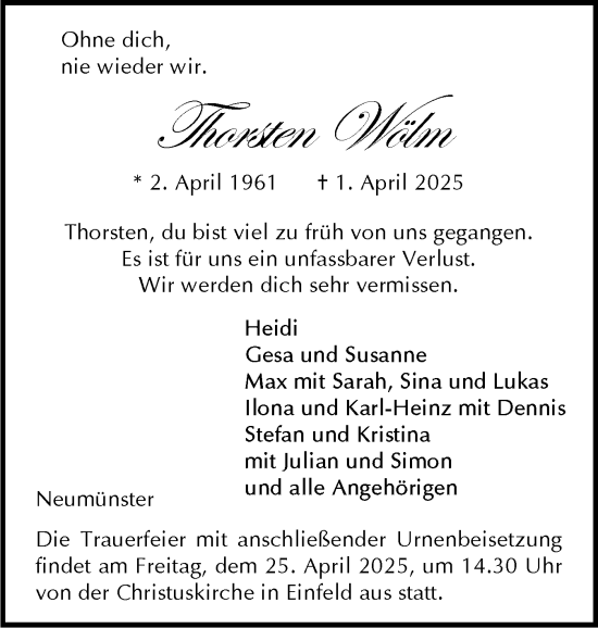 Traueranzeige von Thorsten Wölm von Holsteinischer Courier