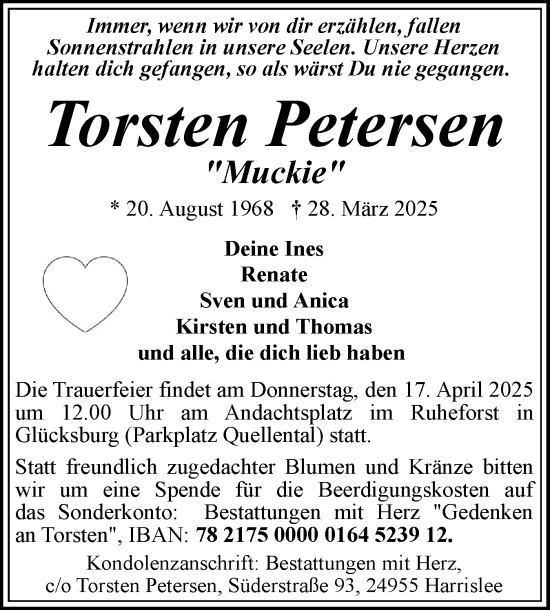 Traueranzeige von Torsten Petersen von Flensburger Tageblatt
