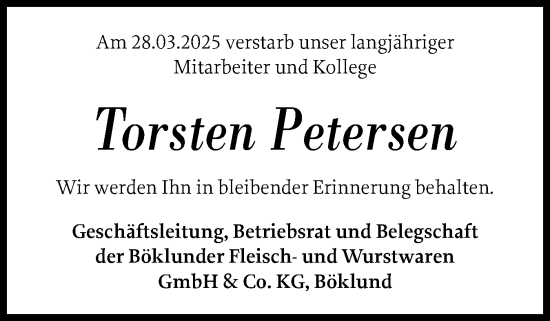 Traueranzeige von Torsten Petersen von Flensburger Tageblatt