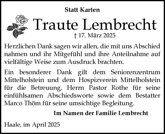 Traueranzeige von Traute Lembrecht von Schleswig-Holsteinische Landeszeitung