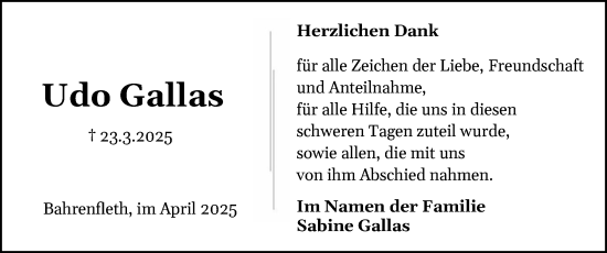 Traueranzeige von Udo Gallas von Norddeutsche Rundschau, Wilstersche Zeitung, Glückstädter Fortuna