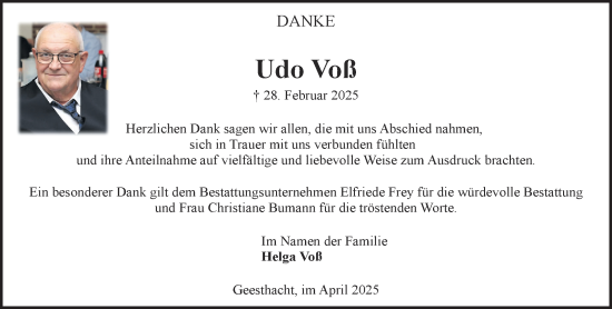 Traueranzeige von Udo Voß von Wochenend Anzeiger