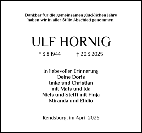 Traueranzeige von Ulf Hornig von Schleswig-Holsteinische Landeszeitung