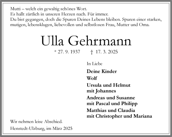 Traueranzeige von Ulla Gehrmann von Umschau