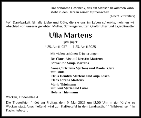 Traueranzeige von Ulla Martens von Norddeutsche Rundschau, Wilstersche Zeitung, Glückstädter Fortuna