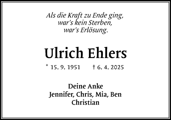 Traueranzeige von Ulrich Ehlers von Region Pinneberg und tip Pinneberg