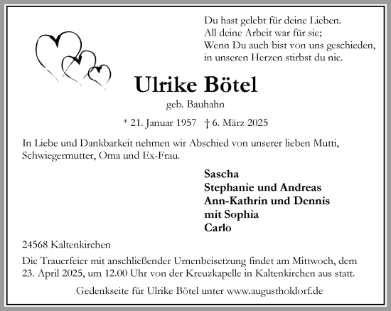 Traueranzeige von Ulrike Bötel von Umschau