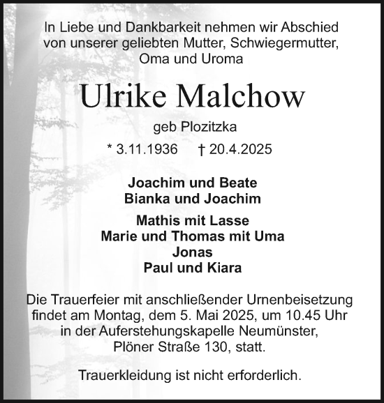 Traueranzeige von Ulrike Malchow von Holsteinischer Courier