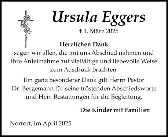 Traueranzeige von Ursula Eggers von Schleswig-Holsteinische Landeszeitung