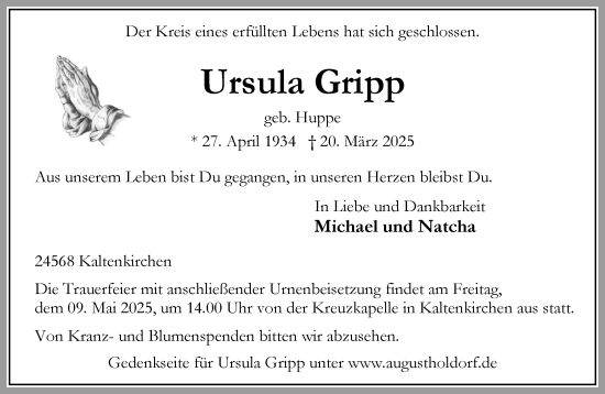 Traueranzeige von Ursula Gripp von Umschau
