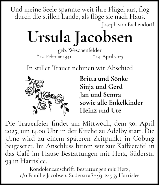 Traueranzeige von Ursula Jacobsen von Flensburger Tageblatt