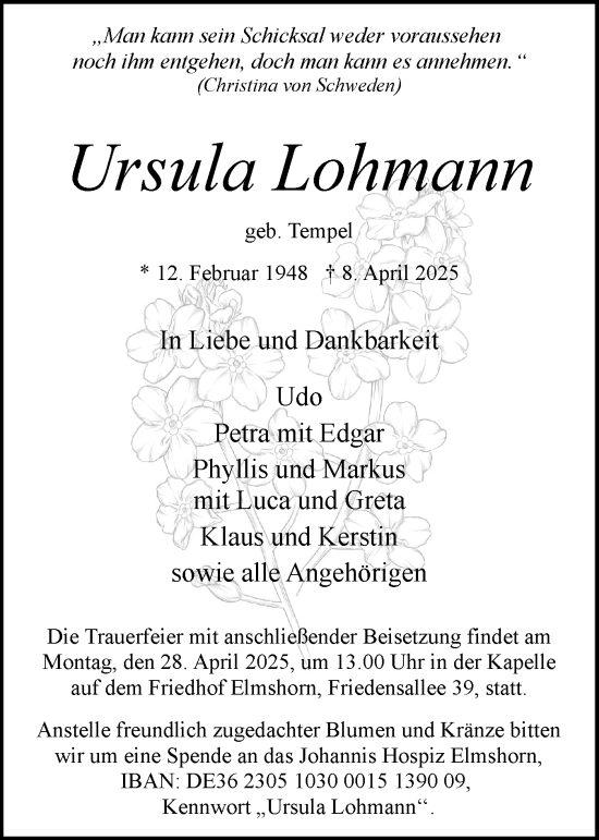 Traueranzeige von Ursula Lohmann von Elmshorner Nachrichten, Barmstedter Zeitung