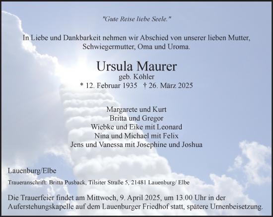 Traueranzeige von Ursula Maurer von Wochenend Anzeiger