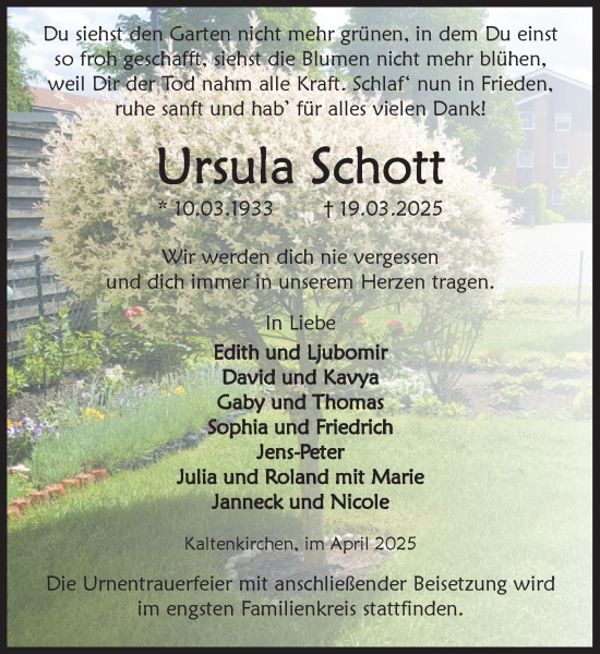 Traueranzeige von Ursula Schott von Umschau