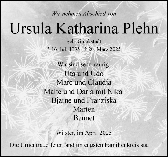 Traueranzeige von Ursula Katharina Plehn von Norddeutsche Rundschau, Wilstersche Zeitung, Glückstädter Fortuna