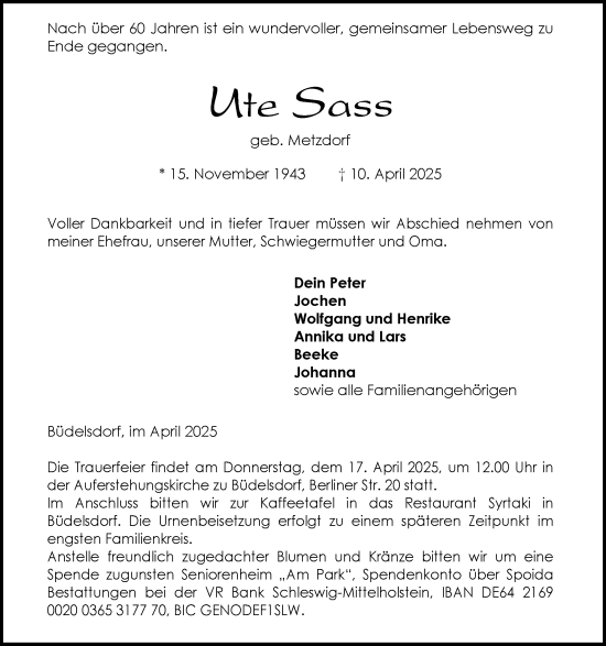 Traueranzeige von Ute Sass von Schleswig-Holsteinische Landeszeitung
