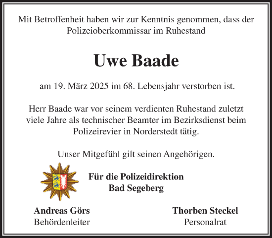 Traueranzeige von Uwe Baade von Heimatspiegel