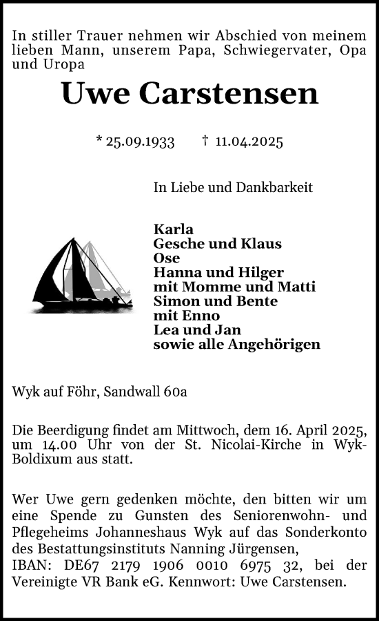Traueranzeige von Uwe Carstensen von Der Insel-Bote