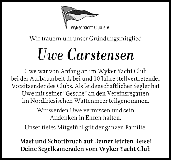 Traueranzeige von Uwe Carstensen von Der Insel-Bote