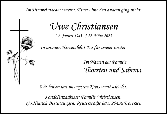 Traueranzeige von Uwe Christiansen von Uetersener Nachrichten, Der tip am Wochenende