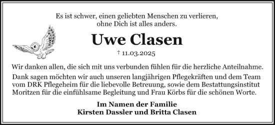 Traueranzeige von Uwe Clasen von Sylter Rundschau