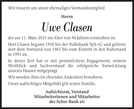 Traueranzeige von Uwe Clasen von Sylter Rundschau