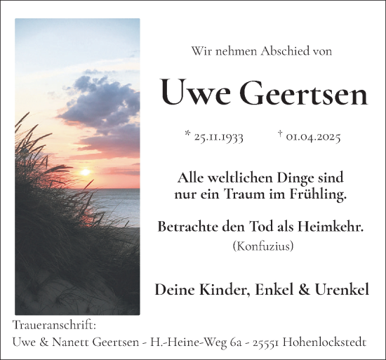Traueranzeige von Uwe Geertsen von Sylter Rundschau