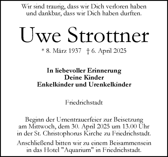 Traueranzeige von Uwe Strottner von Husumer Nachrichten, Nordfriesland Tageblatt