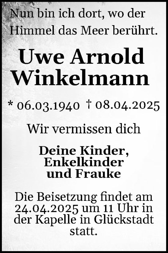 Traueranzeige von Uwe Arnold Winkelmann von Norddeutsche Rundschau, Wilstersche Zeitung, Glückstädter Fortuna