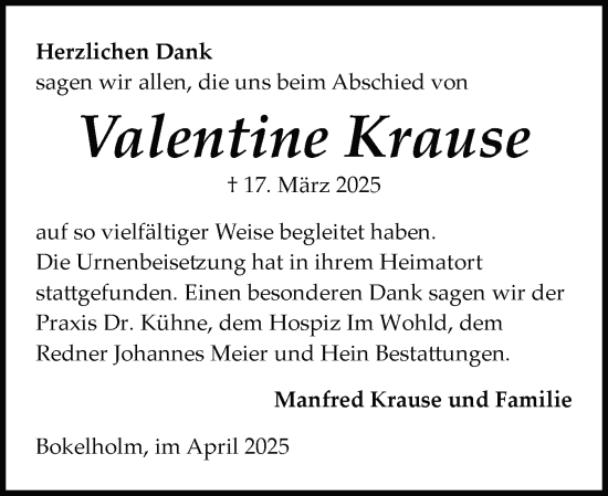 Traueranzeige von Valentine Krause von Schleswig-Holsteinische Landeszeitung