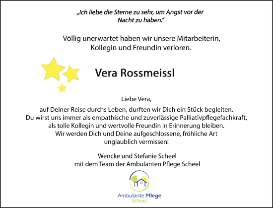 Traueranzeige von Vera Rossmeissl von Holsteinischer Courier