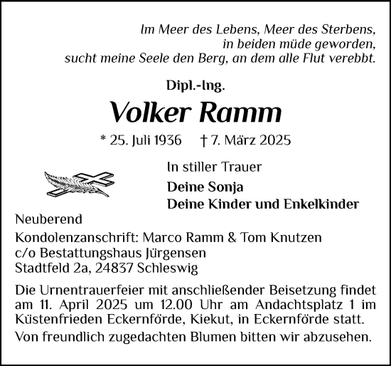 Traueranzeige von Volker Ramm von Region Flensburg