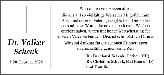 Traueranzeige von Volker Schenk von Husumer Nachrichten, Nordfriesland Tageblatt