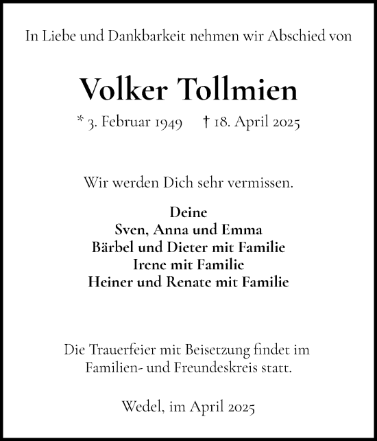 Traueranzeige von Volker Tollmien von Wedel-Schulauer Tageblatt, tip Wedel-Schulauer Tageblatt, tip Rissener Rundschau