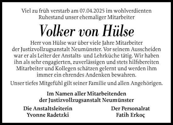 Traueranzeige von Volker von Hülse von Holsteinischer Courier