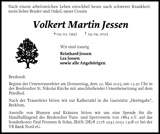 Traueranzeige von Volkert Martin Jessen von Husumer Nachrichten, Nordfriesland Tageblatt