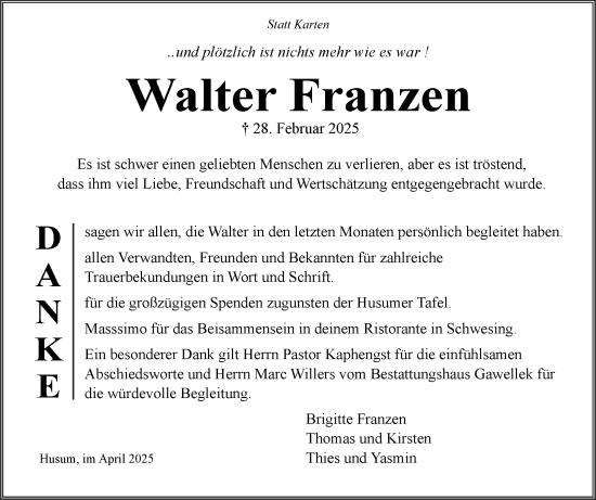 Traueranzeige von Walter Franzen von Husumer Nachrichten, Nordfriesland Tageblatt