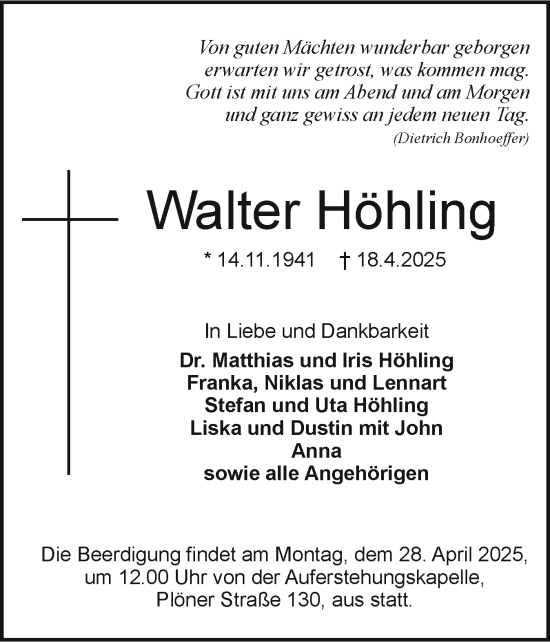 Traueranzeige von Walter Höhling von Holsteinischer Courier