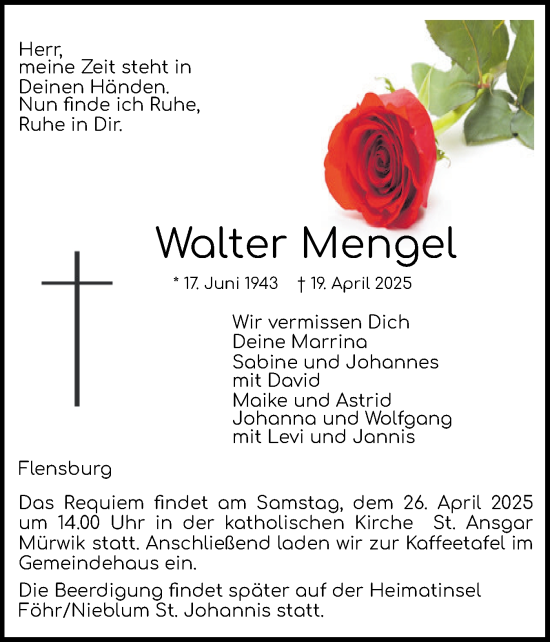 Traueranzeige von Walter Mengel von Region Flensburg