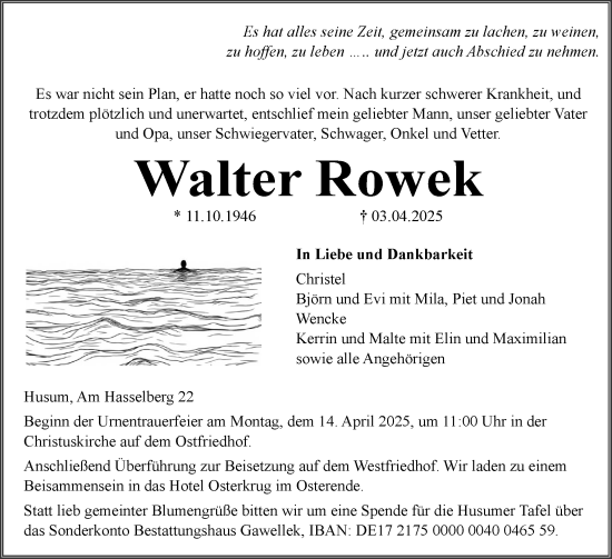 Traueranzeige von Walter Rowek von Husumer Nachrichten, Nordfriesland Tageblatt