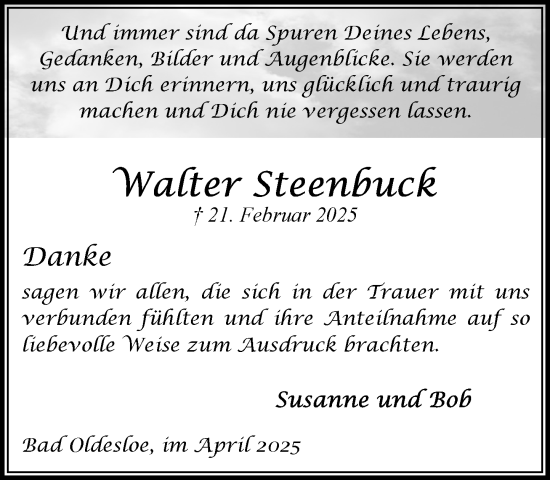 Traueranzeige von Walter Steenbuck von MARKT Bad Oldesloe/Reinfeld und Stormarner Tageblatt