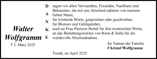 Traueranzeige von Walter Wolfgramm von Schleswiger Nachrichten, Schlei-Bote