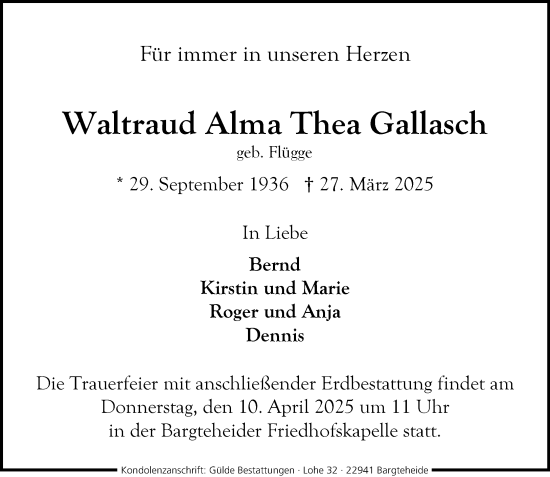 Traueranzeige von Waltraud Alma Thea Gallasch von MARKT Ahrensburg/Bargteheide/Trittau und Stormarner Tageblatt